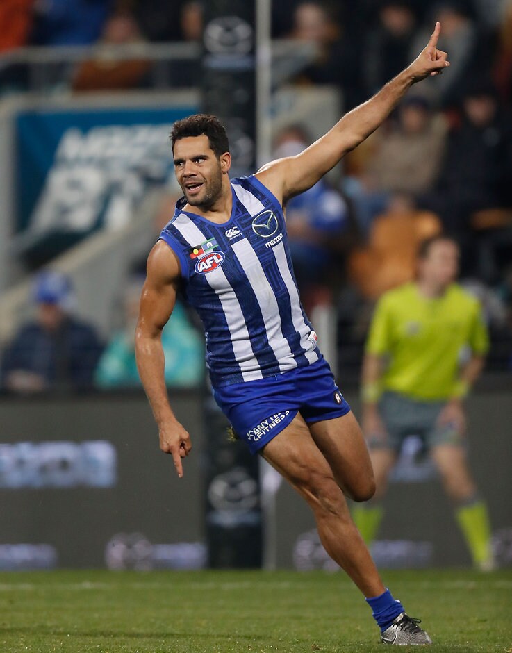 AFL 2016 Rd 11 - North Melbourne v Richmond HOBART, AUSTRALIA - JUNE 03: Daniel Wells of the Kangaroos celebrates a goal during the 2016 AFL Round 11 match between the North Melbourne Kangaroos and the Richmond Tigers at Blundstone Arena on June 3, 2016 in Hobart, Australia. (Photo by Michael Willson/AFL Media)